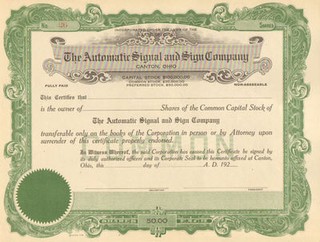 Automatic Signal Sign 192_ Canton Ohio Unissued old stock certificate