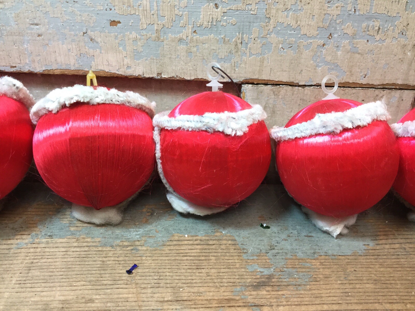Set Of 6 Vintage Red Satin Christmas Ball Ornaments Handmade Santa Face