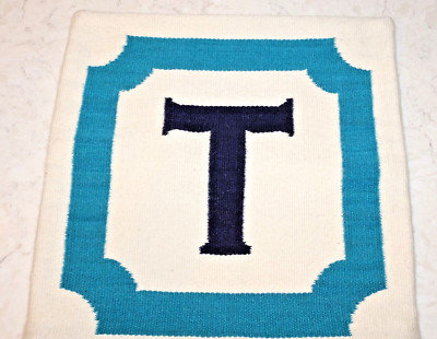 Jonathan Adler 16''x15''  ''T'' Teal Black Ivory Throw Pillow Initial Monogram WOOL