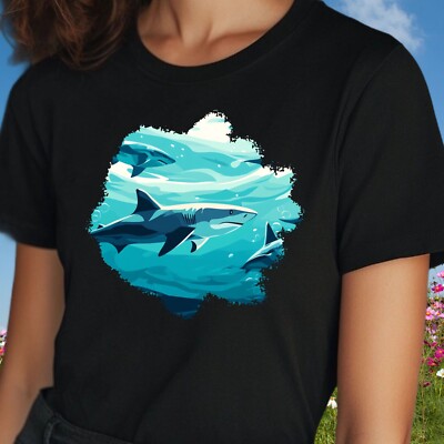 T-Shirt Frauen Hai im Ozean Motiv Baumwolle Größe S bis 3XL