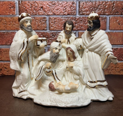 Vintage One Piece Porcelain Nativity Scene Gold Trimmed Ivory 9" Wide x ...