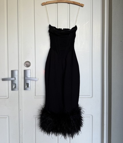 House of CB Dress XS AU 6 US 2 Fionula Black Midi Corset Feather Hem Strapless - Picture 6 of 18