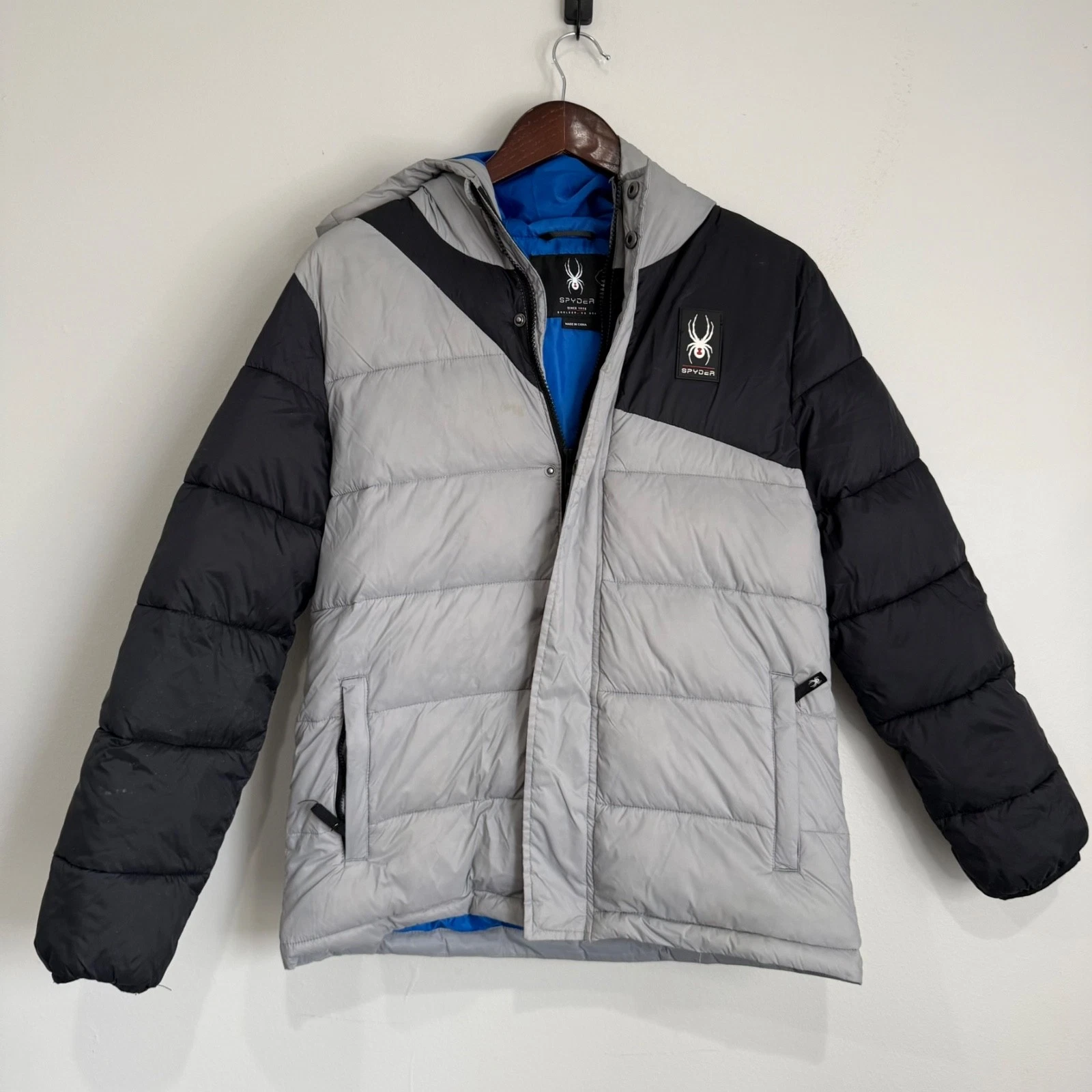 SPYDER Boys Large 14/16 Black Gray Color Block Full Zip Hooded Puffer Jacket