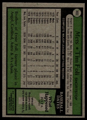 1979 Topps #403 Tim Foli New York Mets Baseballkarte - Bild 2 von 2