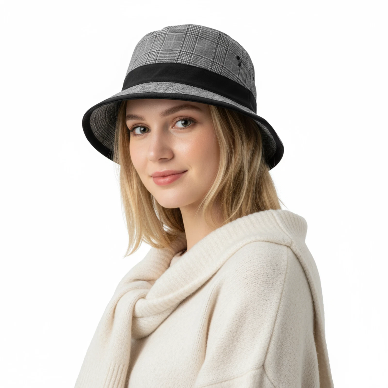 Dolce & Gabbana Virgin Wool Gray Plaid Bucket Hat with Black Ribbon Band