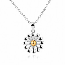 925 Sterling Silver Daisy Pendant Necklace Gold Plated Centre Italian 18" Chain
