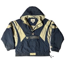 Vintage 90s NY Yankees Hooded Starter Jacket 1/2 Zip MLB Navy Blue Grey Sz XL