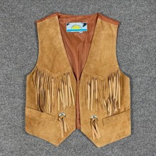 Vintage Tan Suede Western Fringe Grommet Vest Women s M V-Neck Open Front Boho