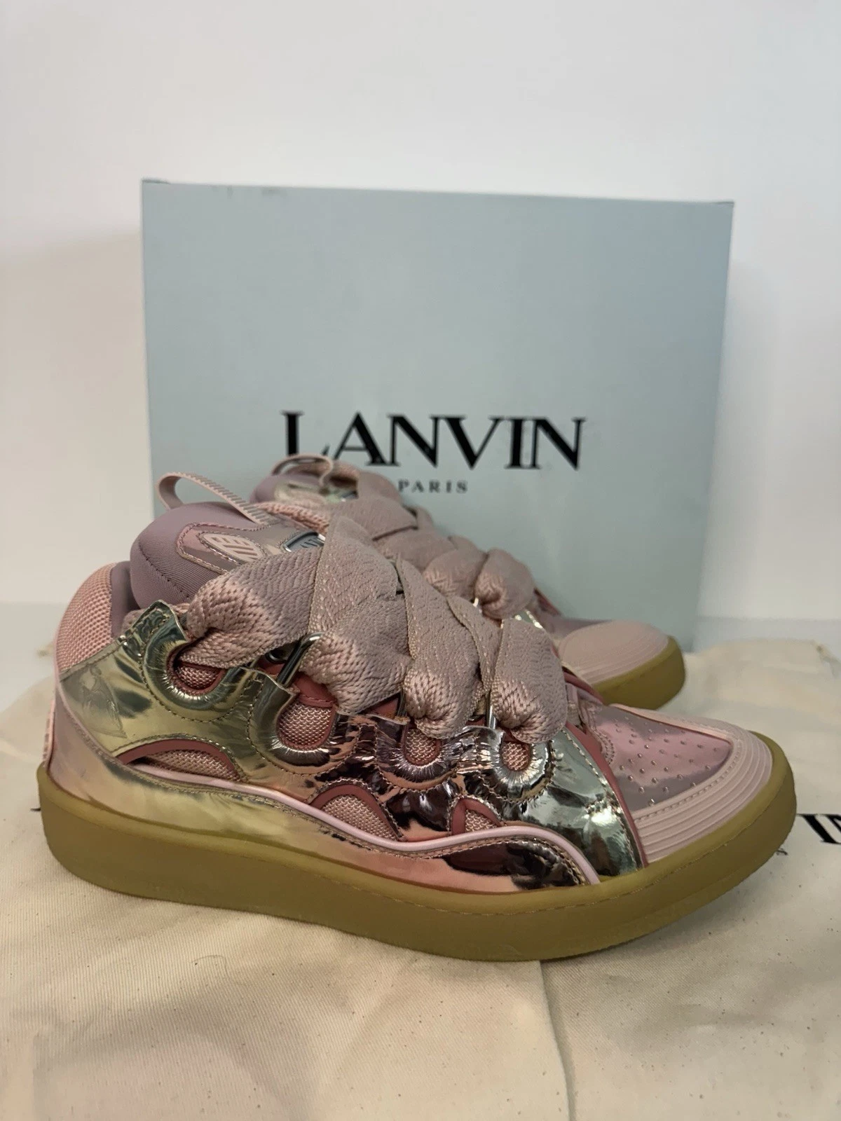 Lanvin — Lanvin Curb Metallic Leather Sneakers SZ 42 Vieux Rose Dusty Pink Gum Sole