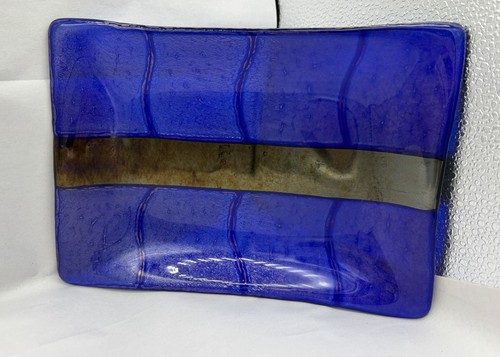 Lynn Latimer Dichroic Iridescent Dark Blue Bronze Fused Art Glass Tray 9" Signed