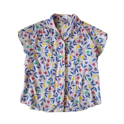 Vtg 80s 90s Womens 1X Flutter Lace Sleeve Tulip Dot Button Shirt USA Cottage