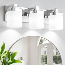 3-light chrome bathroom light fixtures over mirror, milky white square glass