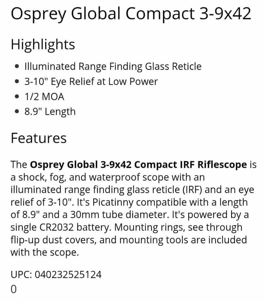 Escopo de rifle de caça Osprey CP3-9x42IRF Signature Series - Imagem 4 de 4