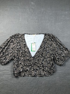 Boden Blouse Womens 20-22 Plus Black V Neck Puff Sleeve Paisley Cropped NWT