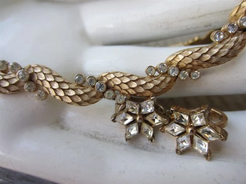 Vintage TRIFARI Gold Tone Snake Skin Rhinestone Link Necklace Star Earrings LOT