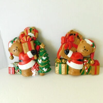 Christmas Wall Hangings Set of 2, Vintage Burwood Santa Claus Teddy Bears 1993 - Image 1 of 4