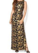 NWT $280 LAUREN Ralph Lauren Metallic Floral Print Gown Dress Black Gold 4 6 8