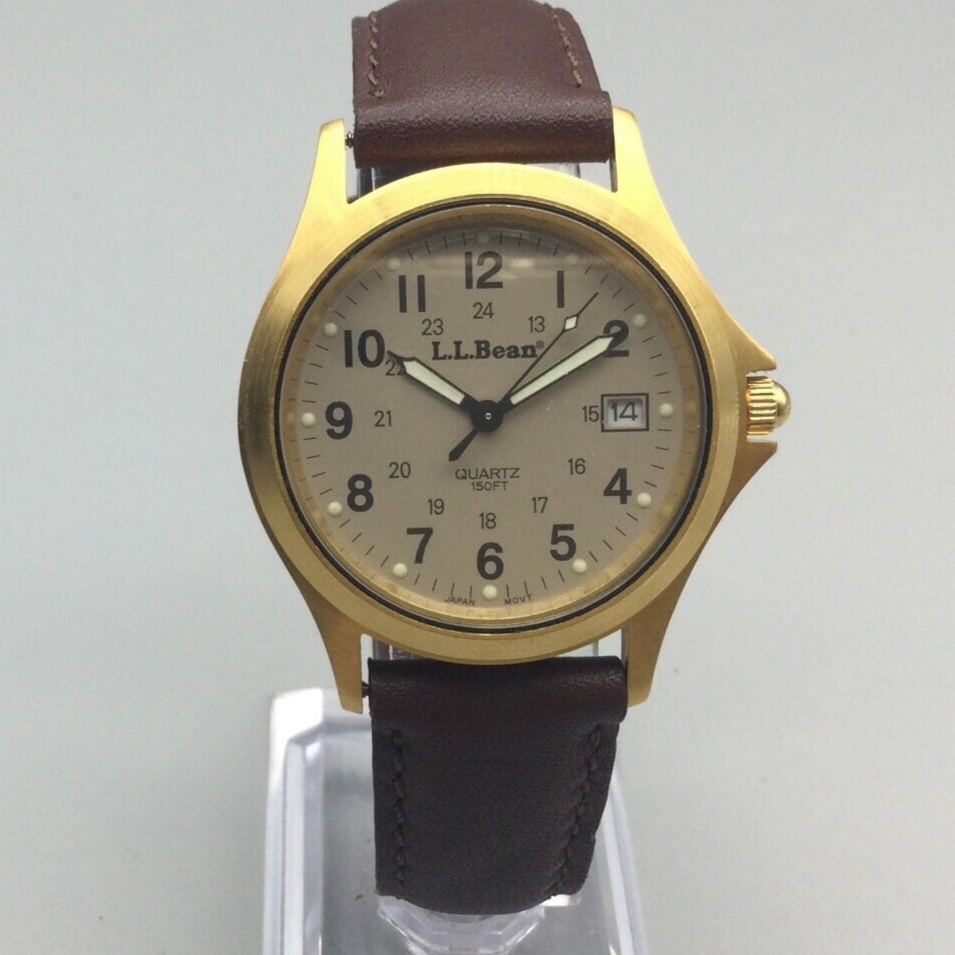 LL Bean Field Watch Watch Men 37mm Gold Tone Date Brown Leather Band New  Battery - Main Image