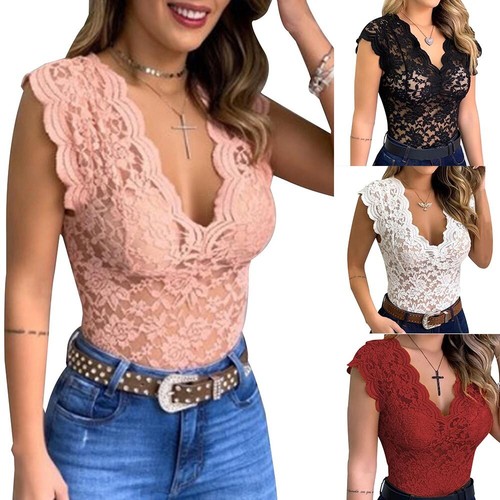 Sexy Womens Lace V Neck Tank Tops Vest Ladies Slim Fit Stretch T-Shirt Blouse US - Picture 3 of 16