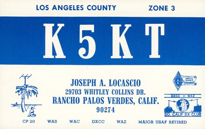 1989 QSL Card K5KT to VQ9DM via N5DM Rancho Palos Verdes California USA #766