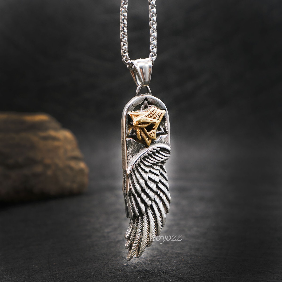 Mens Egyptian Eye of Horus Angel Wing Pendant Necklace Stainless Steel Gift