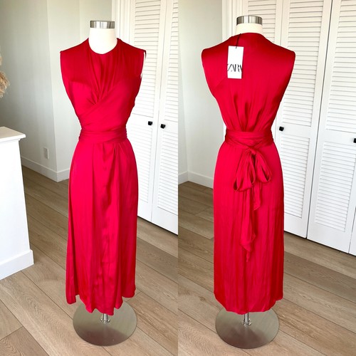 ZARA NEW SATIN TIE WAIST MIDI DRESS FLOWY BELTED RED M,L,XL 8573/128 - Picture 4 of 13