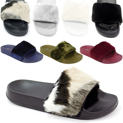 New Ladie/'s Leather Slippers Fluffy Faux Fur Slyders Celebrity Style Slip-on*