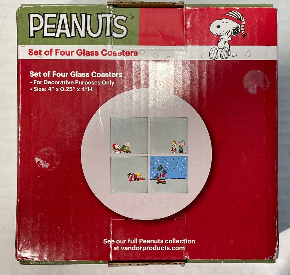 Peanuts 4 Piece Holiday Glass Coaster Set Charlie Brown Snoopy 4"x4" - Image 3 of 4