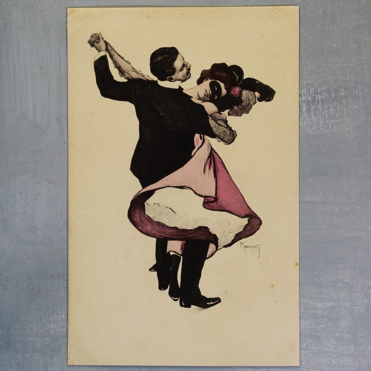 Couple dance Waltz black mask Antique postcard 1909s by Ferdinand