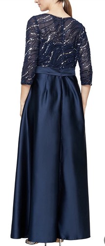 Abito da ballo Alex Evenings donna raso con tasche argento blu navy taglia 14 - Foto 3 di 4