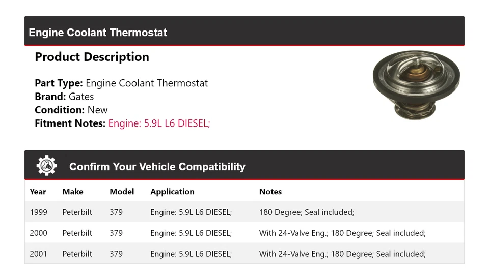 For 1999-2001 Peterbilt 379 5.9L L6 DIESEL Engine Coolant Thermostat Gates 2000 - Image 2 of 4