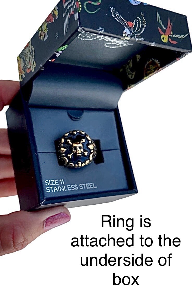 Ed Hardy Skull Ring Gold Tone Stainless Steel Black Enamel