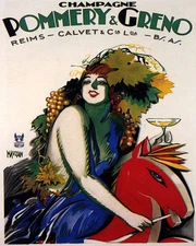 POSTER CHAMPAGNE POMMERY GRENO GIRL ON WOODEN HORSE FRENCH VINTAGE REPRO FREE SH