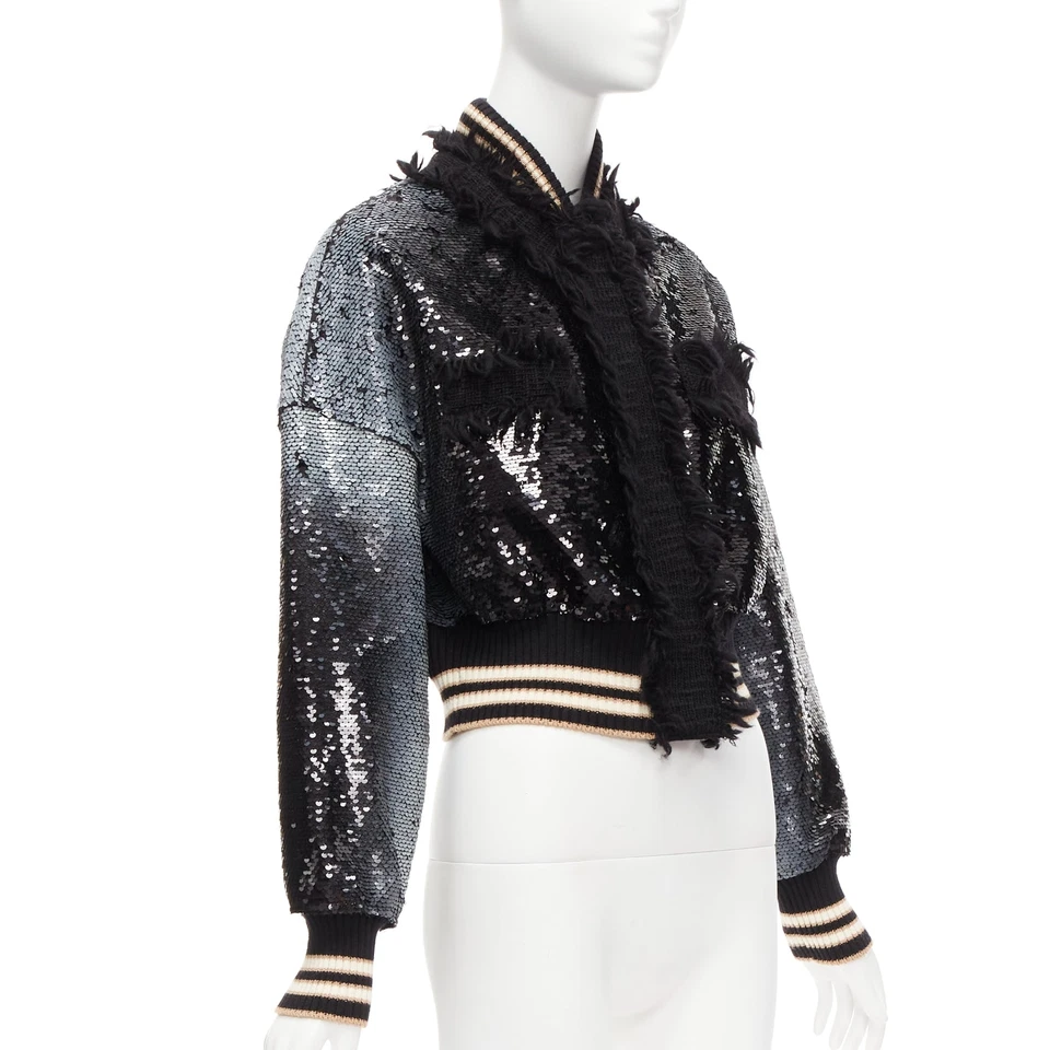 AVIU black white spray paint effect sequins cropped bomber jacket IT38 - Image 4 of 4