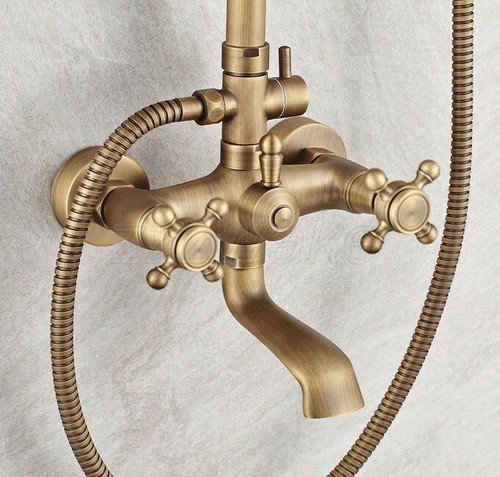 Wandmontage Antik Messing 8" Regendusche Set Badewanne Wasserhahn mit Handbrause - Bild 4 von 5
