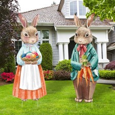 2 Pack Easter Decorations Outdoor Yard Signs Vintage Bunnies Easter Eggs Yard...