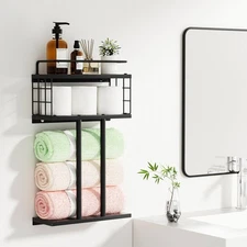 Black Metal Towel Holder for Wall, 2-Tier Small Bathroom Storage Rack with Sh...