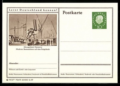 AK Hannover, Messegelände, Moderne Baumaschinen auf dem Freigelände, Ganzsache  