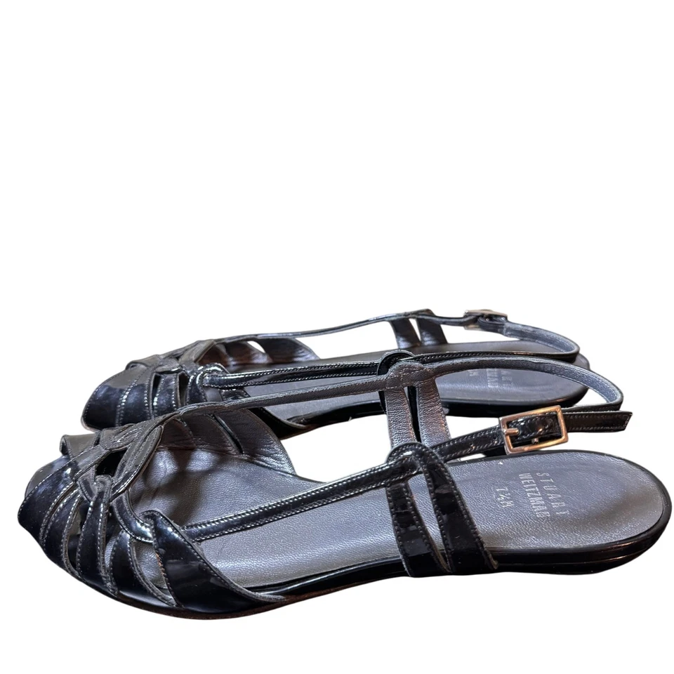 Stuart Weitzman Size 7.5 Black Patent Leather Strappy Open Toe Sling Back Flats - Image 3 of 4