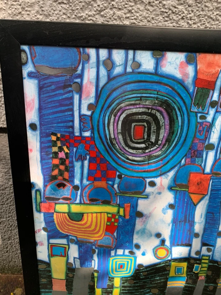 Hundertwasser Blaues Blau in Schwarzen Rahmen gerahmt 54x 45 cm Wandbild Wie Neu - Bild 2 von 4
