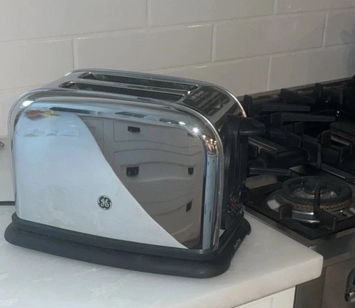 CHROME Toaster GE 2 Slot #106808 Wide Slot Retro Crumb Tray Removes TESTED See D