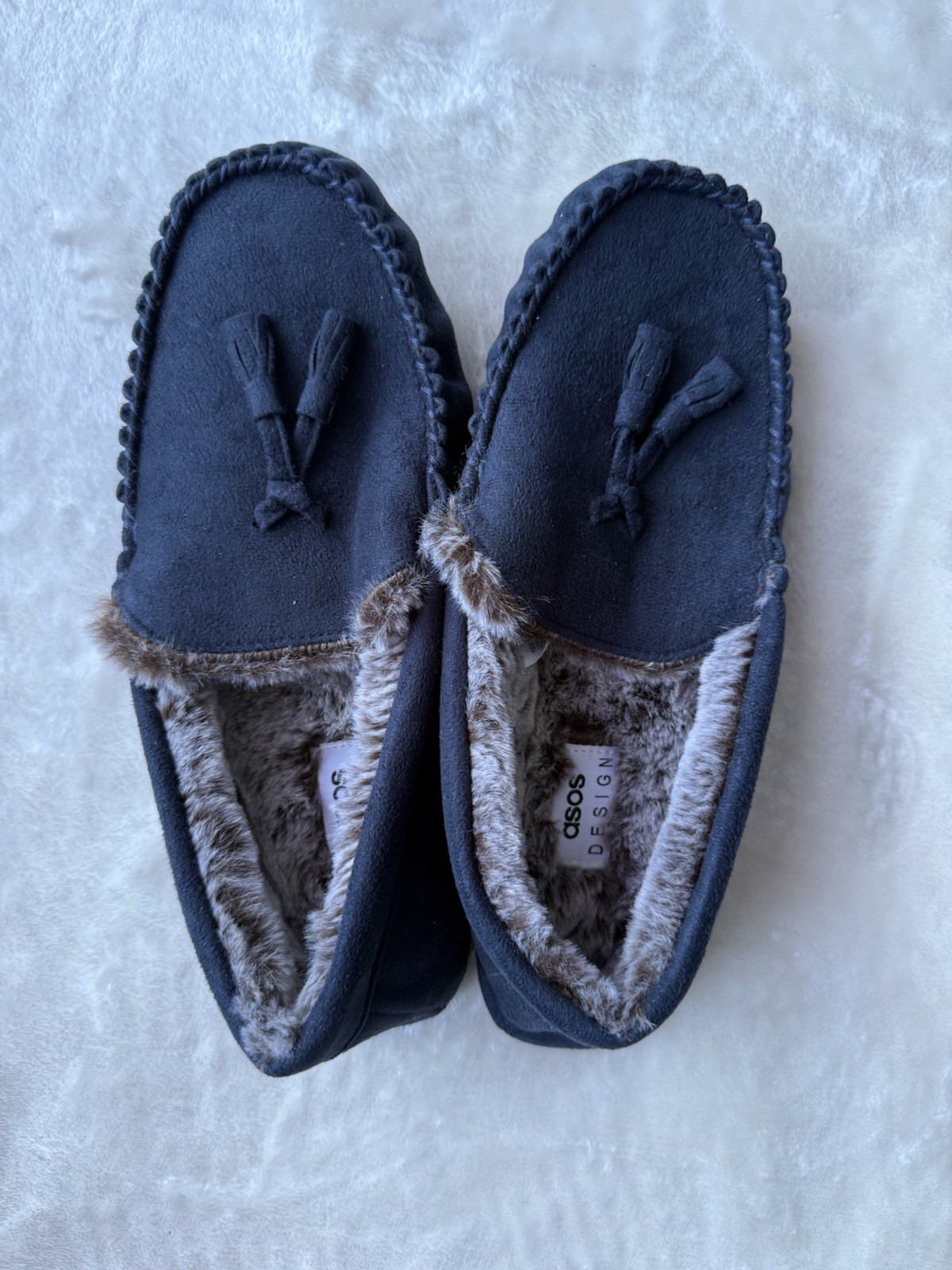 ASOS Design Men Navy Moccasin Slippers With Faux Fur Lining Size 7 U.S.