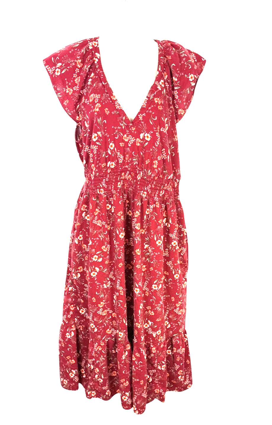 Old Navy midi dress sz L multicolor smocked flutter sleeves boho cottage peasant