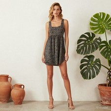 Party Dress Floral Black M Mini Skater Square Neck Pockets Summer