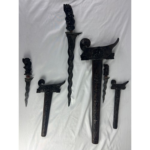 Lot 3 Indonesian Style Kris Keris Daggers Wood Sheaths Display Set