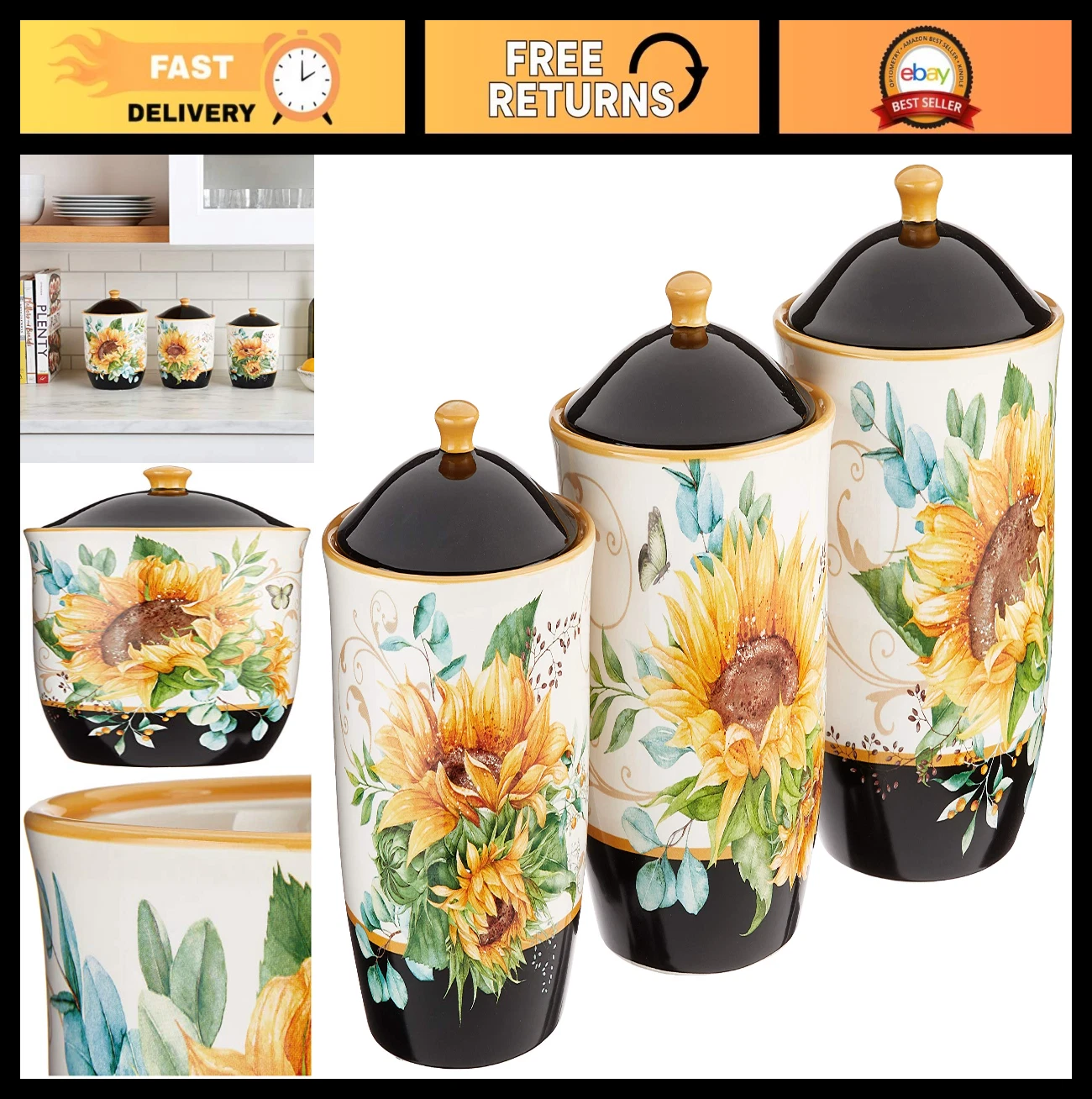 Decorative Floral Ceramic Canister Set - 3-Piece Airtight Storage Jars for Kitch