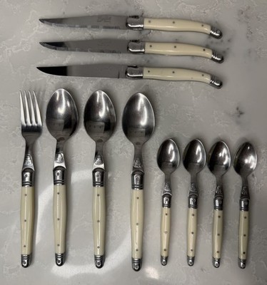 Jean Dubost Laguiole France Flatware Set Ivory Cream Handle 11 Pc Steak Knives