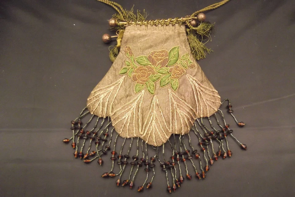 Vintage Silk Beaded Reticule Purse Embroidered Floral Art Nouveau Tassel Bag - Image 2 of 4