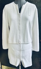 VINTAGE 1990s COURREGES PARIS WHITE KNIT SKIRT SWEATER JACKET SET CHUNKY ZIP M L