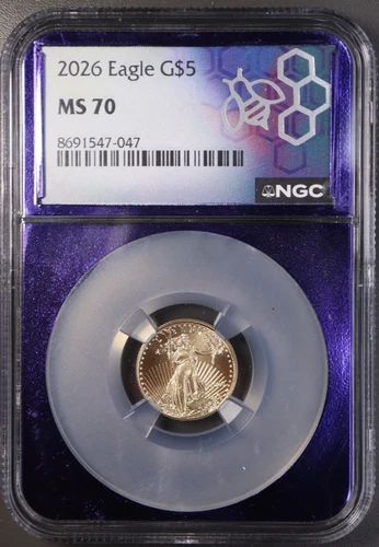 US Mint American Eagle 2026 $5 Gold 1/10 oz NGC MS 70 Purple TraderBea CORE!!